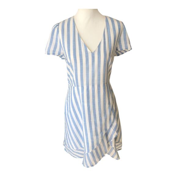 J.Crew‎ Factory Blue & White Striped Coastal Preppy Ruffle Cotton Dress Sz 12 - Picture 1 of 12